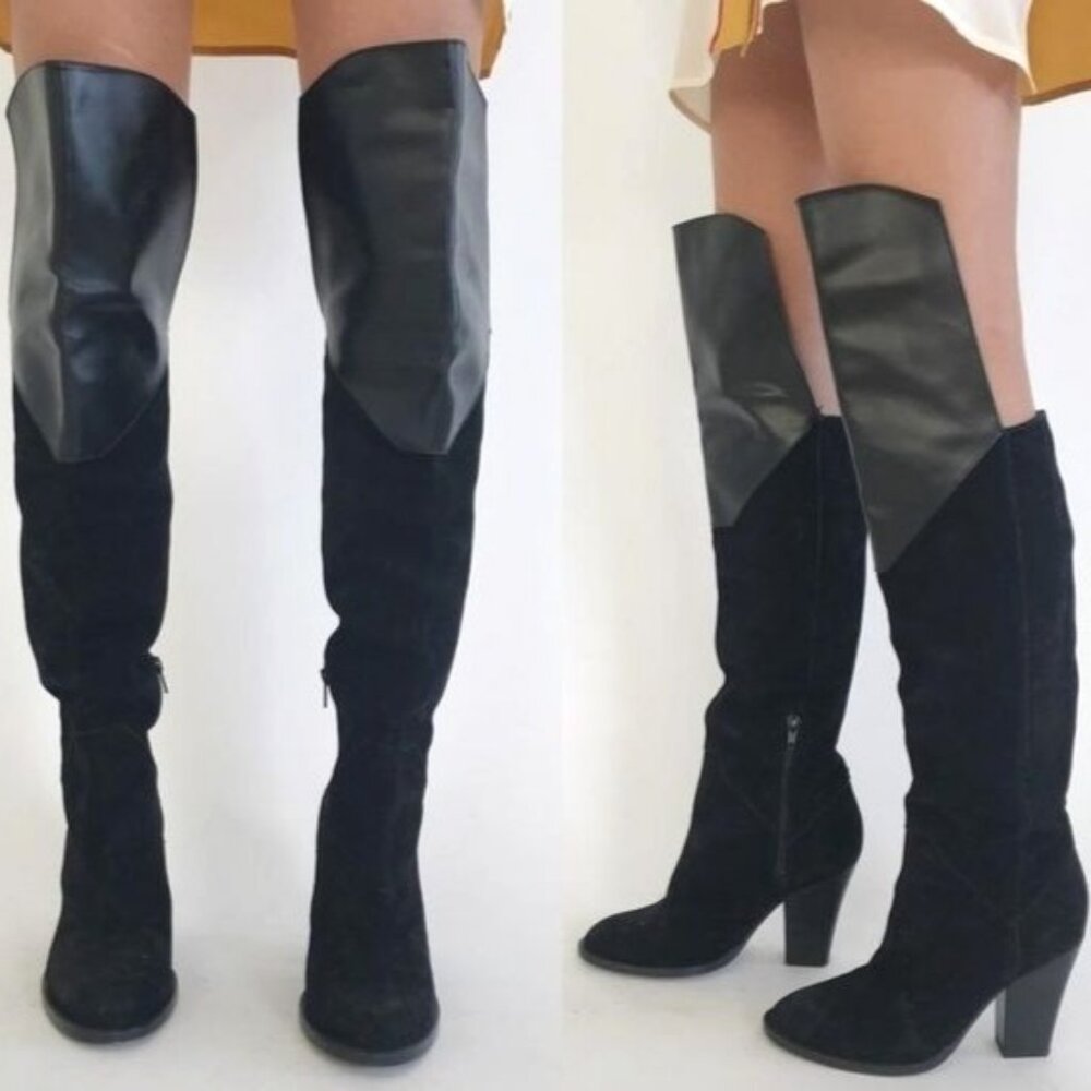 Maje Giuliana Over The Knee Heeled Boots Sz 38 Black Suede Asymmetric Thigh Tall